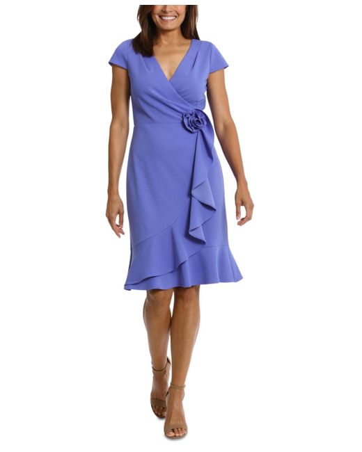 London Times Blue Rosette Flounce Faux-wrap Dress