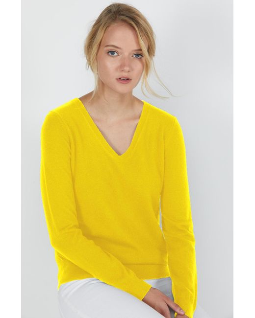 Jennie Liu Yellow 100% Pure Cashmere Long Sleeve Pullover V Neck Sweater