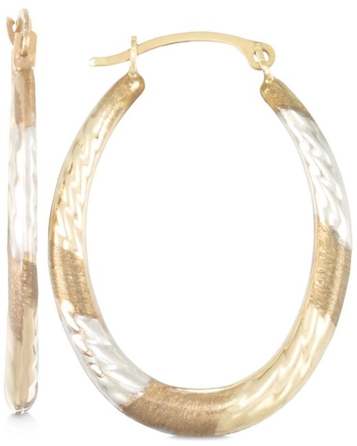Macy's Metallic Tri-tone Textured Oval Hoop Earrings In 10k Yellow, White And Rose Gold