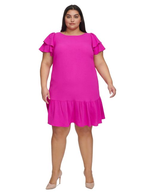 DKNY Pink Plus Size Ruffle Flutter-sleeve Boat-neck Dress
