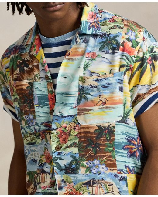 Polo Ralph Lauren Blue Classic-fit Patchwork-print Camp Shirt for men