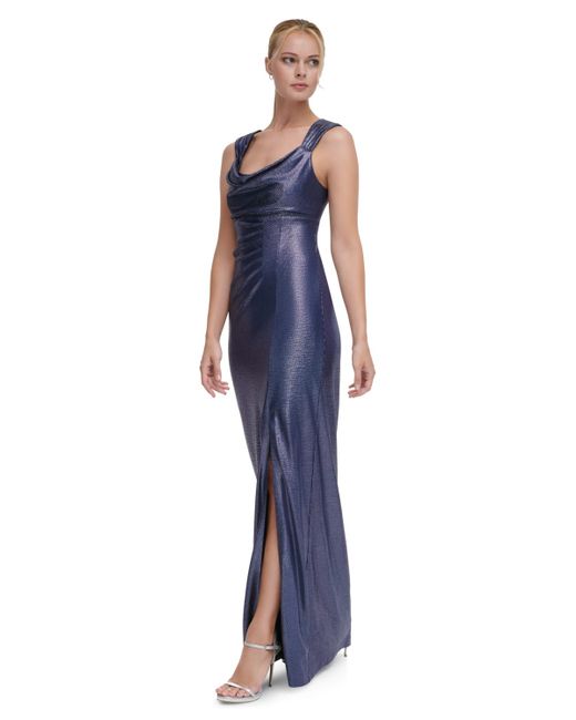 DKNY Blue Metallic Ruched Cowlneck Gown
