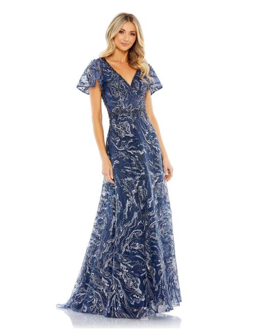 Mac Duggal Blue Embellished Illusion Butterfly Sleeve A-line Gown
