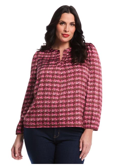 Rafaella Red Plus Size Crosshatch Print Split Neck Long Sleeve Popover Top
