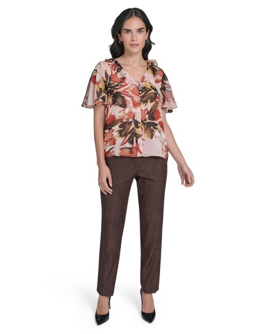Calvin Klein Red Printed Ruffle-neck Button-front Blouse