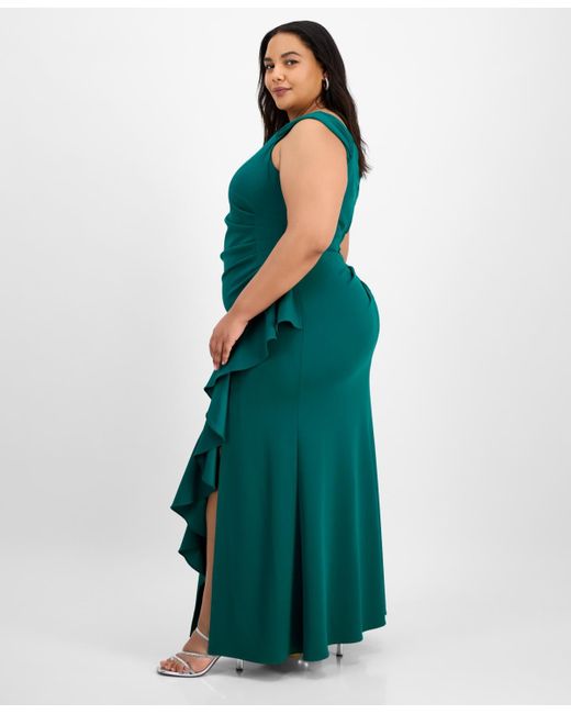 Alex Evenings Green Plus Size Ruched Ruffled Gown