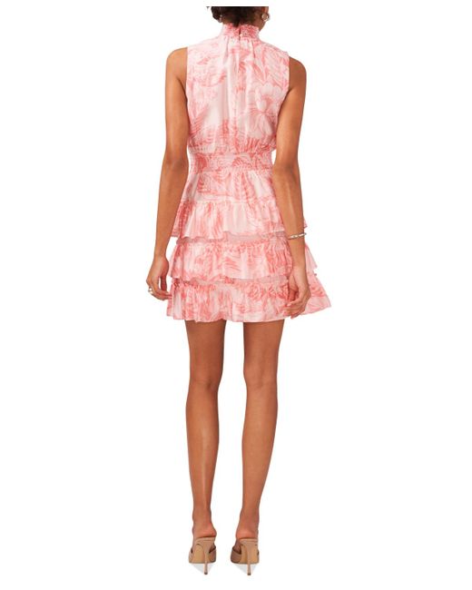1.STATE Pink Floral Smocked Sleeveless Mock Neck Tiered Mini Dress