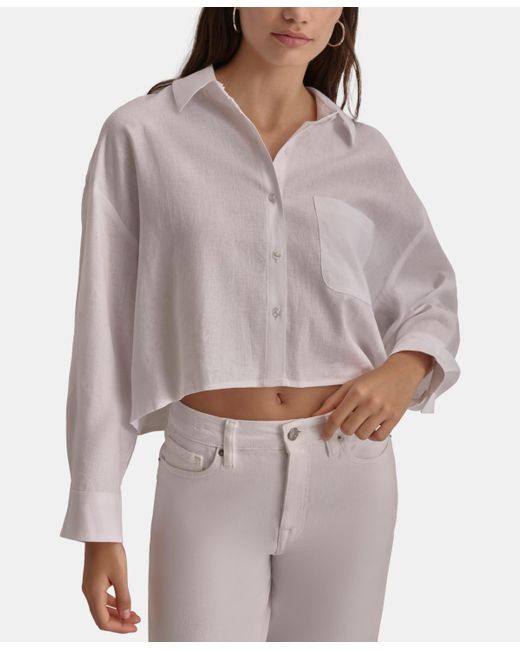 DKNY White Oversized Cropped Button-front Shirt