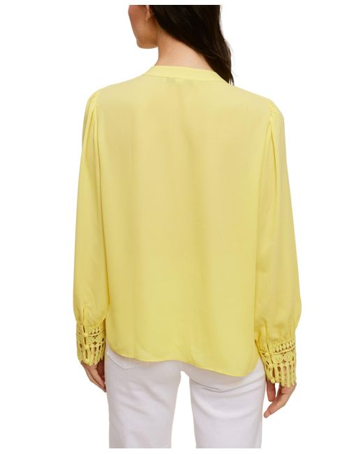 Fever Yellow Solid Soft Crepe Blouse With Lace Cuff