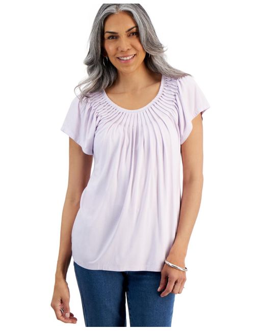 Style & Co. White Pleated-neck Short-sleeve Top