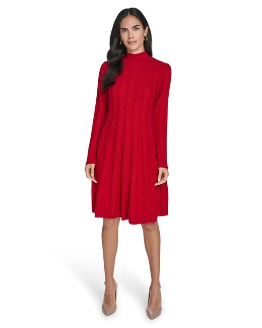 Jessica Howard Women's Red Petite Cable Sweater Mock Neck Fit & Flare Dress  - thefunkyskunk.ie