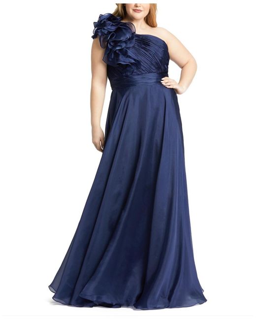 Mac Duggal Blue Plus Size One-shoulder Ruffle Evening Gown