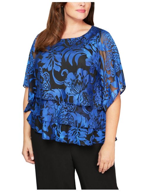 Alex Evenings Blue Plus Size Printed Tiered Top
