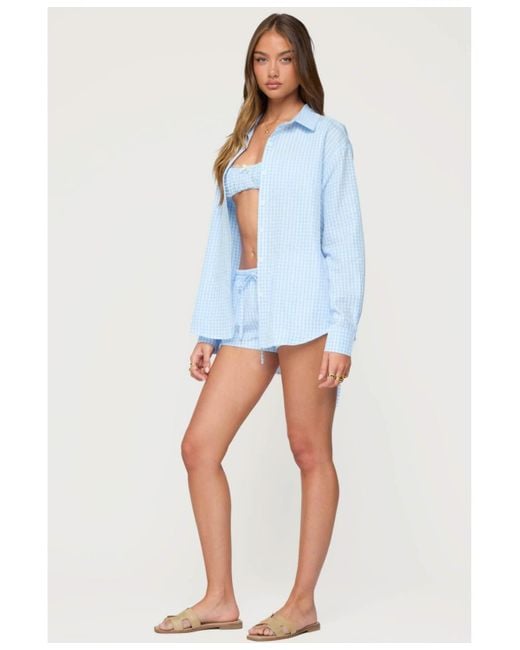 Edikted Blue Yaffa Oversized Gingham Button Up Shirt