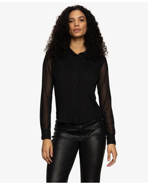 Sanctuary Black Fitted Mesh Button Down Shirt