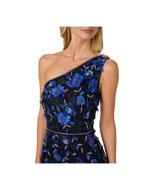 Adrianna Papell Blue Beaded One-shoulder Long Dress