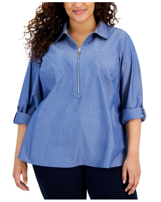 Tommy Hilfiger Blue Plus Size Chambray 1/2-zip Roll-tab-sleeve Cotton Popover Shirt