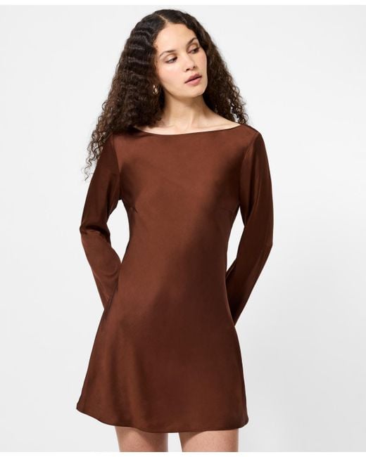French Connection Brown Ennis Satin Long Sleeve Mini Dress