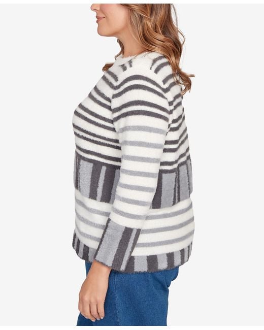 Ruby Rd Gray Plus Size Striped Feather Eyelash Sweater