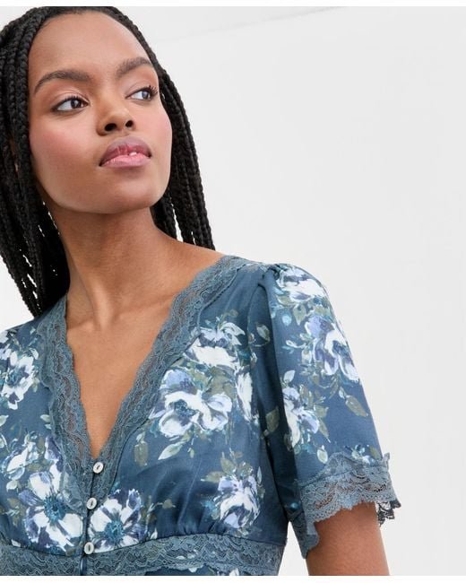 Lucky Brand Blue Lace Trim Floral Midi Dress