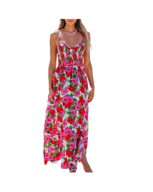 CUPSHE Red Floral Halterneck Smocked Bodice Maxi Beach Dress