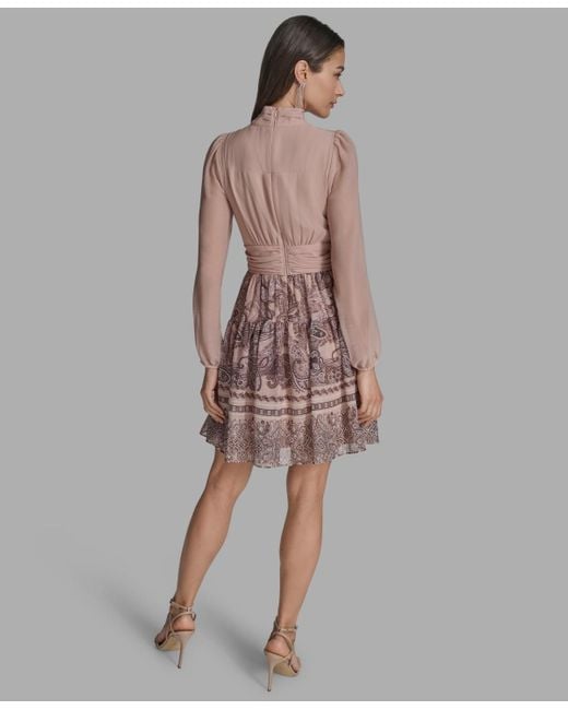 BCBGMAXAZRIA Brown Mock-neck Long-sleeve Chiffon Fit & Flare Dress