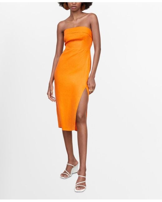 Mango Orange Linen Strapless Dress