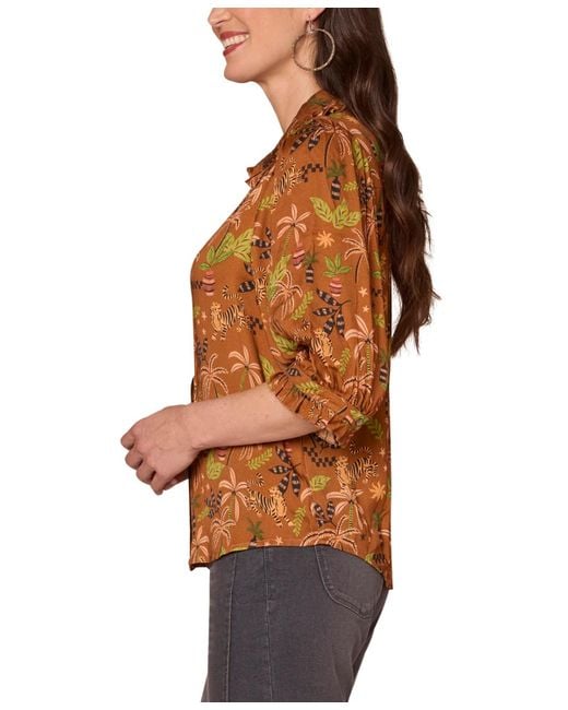 Democracy Brown Petite Printed Ruffled Pintucked Top