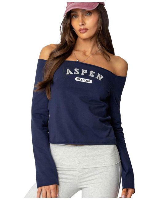 Edikted Blue Aspen Ski Club Off Shoulder Top