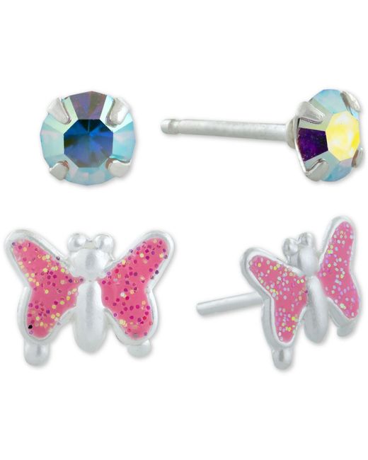 Giani Bernini Metallic 2-pc. Set Crystal Solitaire & Glitter Butterfly Stud Earrings In Sterling Silver, Created For Macy's