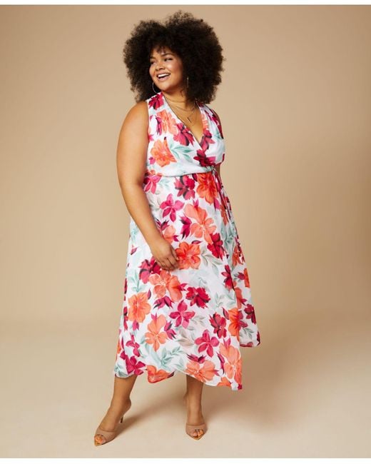 Calvin Klein Red Plus Size Floral-print Faux-wrap Maxi Dress