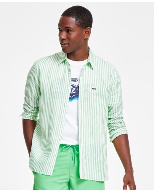 Lacoste Green Long Sleeve Striped Button-down Linen Shirt for men