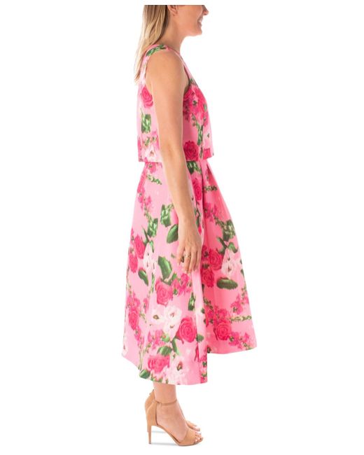 Maison Tara Pink Floral-print Jacquard Midi Dress