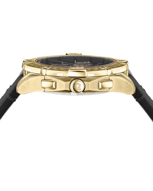 Versace Metallic Swiss Chronograph V-greca Black Leather Strap Watch 46mm for men