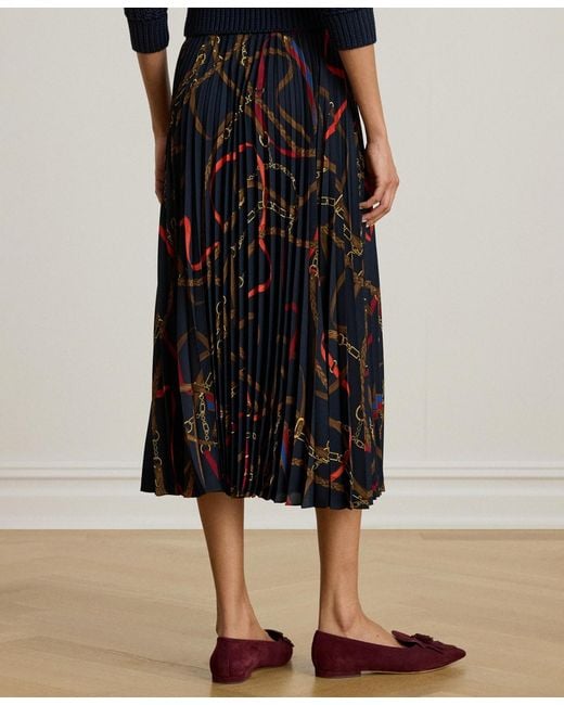 Ralph Lauren Blue Belting-print Pleated Midi Skirt