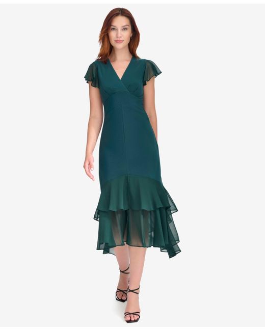 tommy hilfiger chiffon midi dress Tommy Hilfiger Chiffon Floral Ruffle Belted Midi Dress at Von Maur