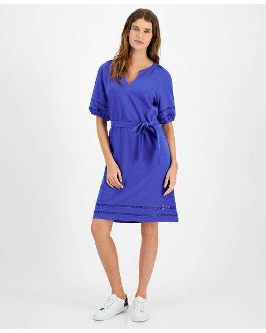 Tommy Hilfiger Blue Cotton Belted Puff-sleeve Dress