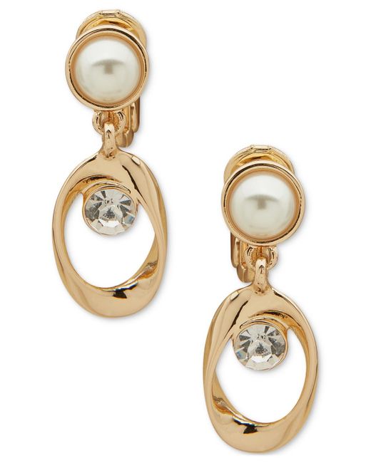 Anne Klein Metallic Gold-tone & Imitation Pearl Orbital Clip-on Drop Earrings