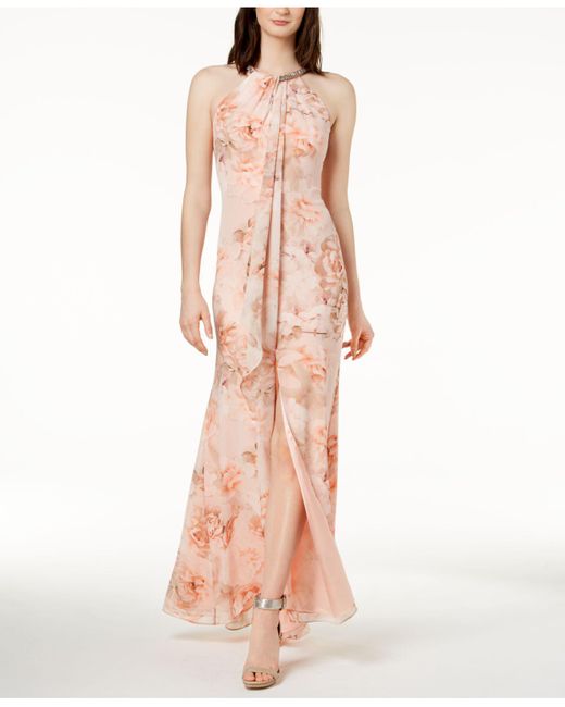 Calvin Klein Pink Floral Draped Chiffon Halter Gown