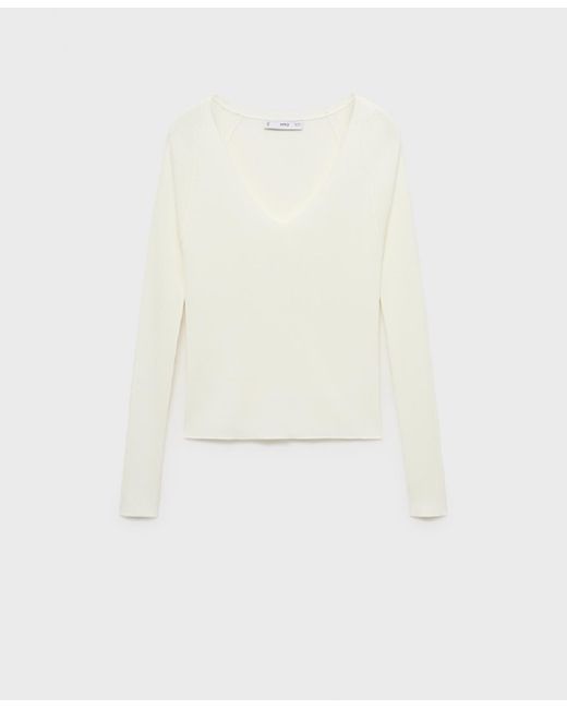 Mango White V-neck Ribbed Knit Sweater