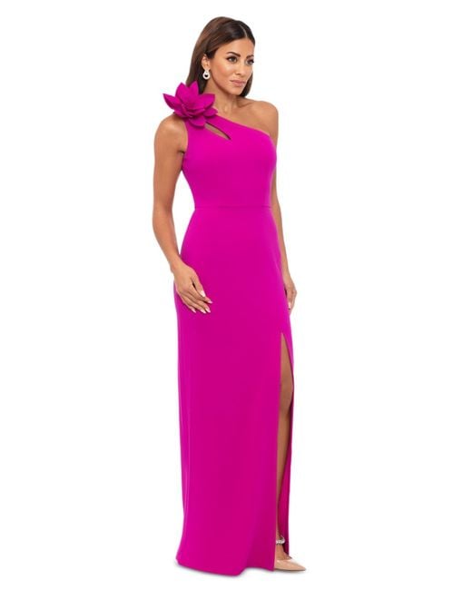 Xscape Pink One-shoulder Flower Side-slit Dress