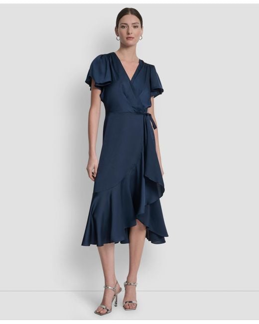 DKNY Blue Short Sleeve Faux Wrap Midi Dress