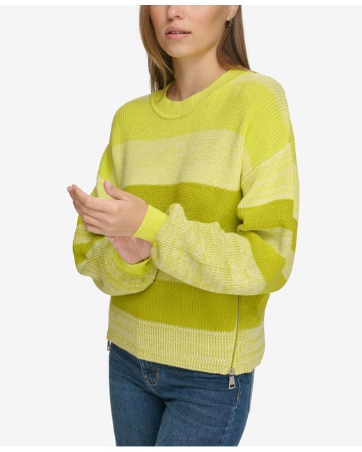 DKNY Yellow Striped Side-zip Blouson-sleeve Sweater