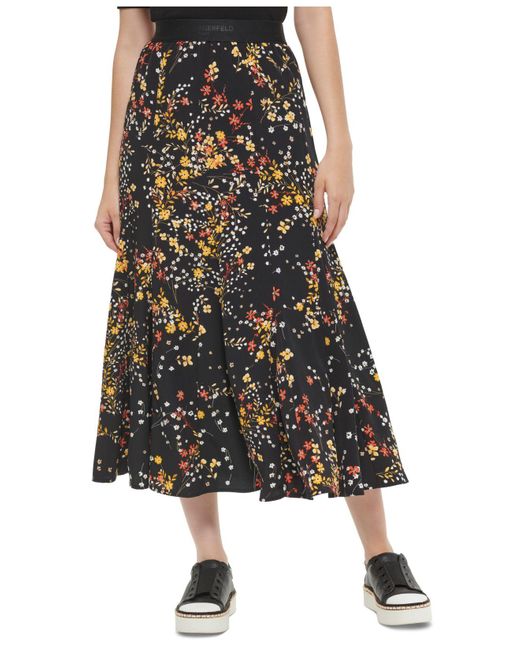 Karl Lagerfeld Synthetic Floral Midi Skirt in Black | Lyst