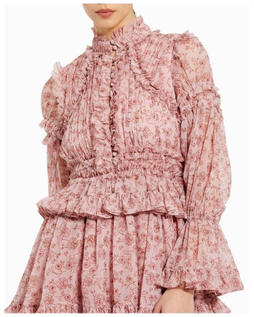 Mac Duggal Pink Long Sleeve Open Front High Neck Ruffle Mini Dress