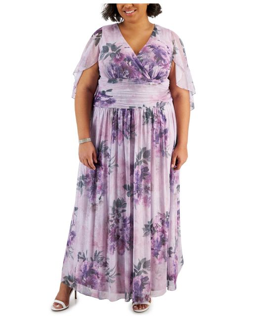 Sl Fashions Purple Plus Size Printed Glitter Cape-overlay Dress