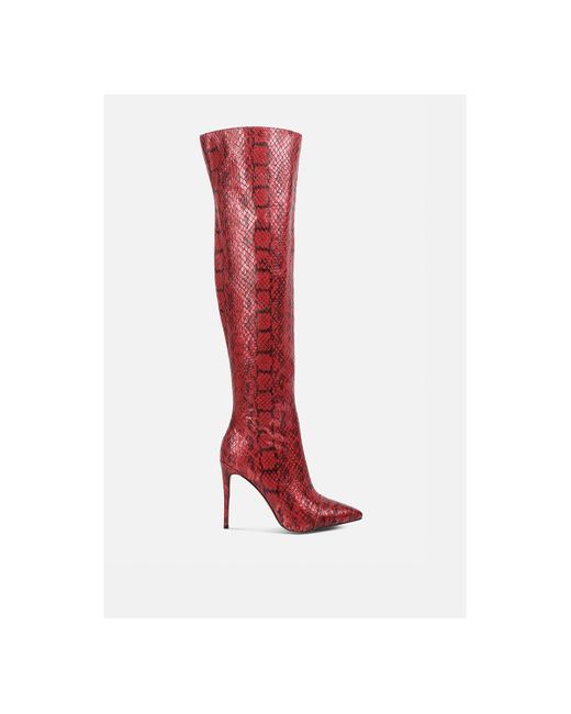 LONDON RAG Red Catalina Snake Print Stiletto Knee Boots
