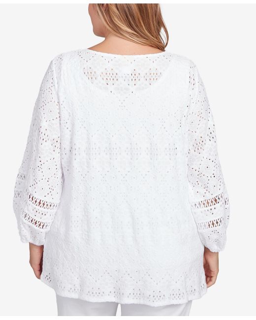 Ruby Rd White Plus Size Diamond Eyelet Solid Knit Top