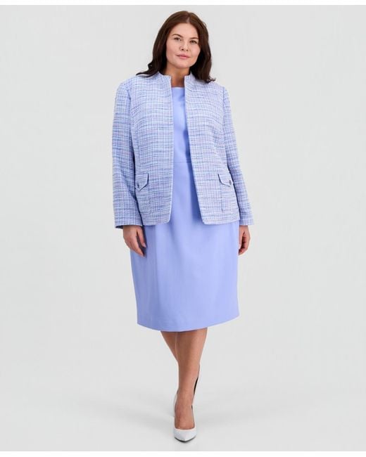 Kasper Blue Plus Size Open-front Tweed Jacket