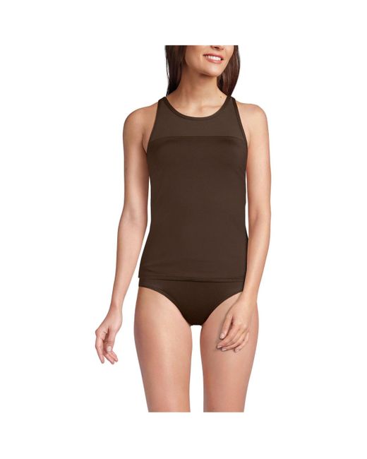 Lands' End Brown Long Chlorine Resistant Smoothing Control Mesh High Neck Tankini Swimsuit Top